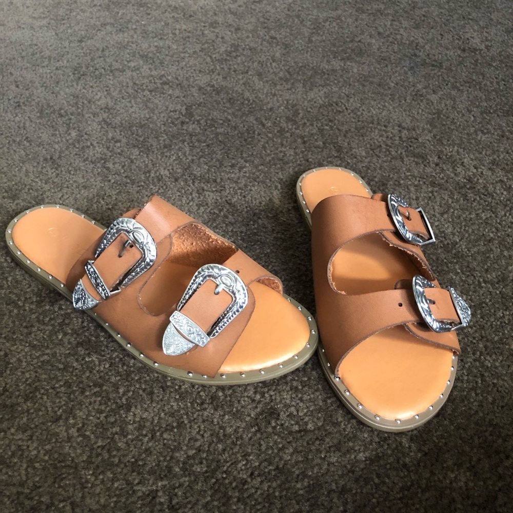 Silver and camel western style sandal slides